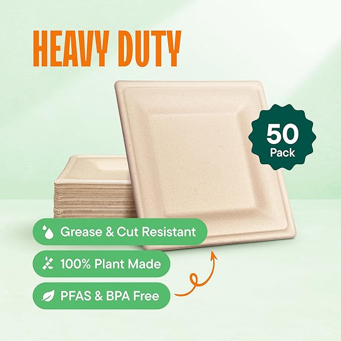 100% Compostable Square Paper Plates [50-Pack] - {PFAS-Free} - {BPI Certified} - [8 Inch] Heavy Duty, Eco-Friendly, Biodegradable Bagasse Dinner Plates - Natural Brown 8" Square Plate by Stack Man