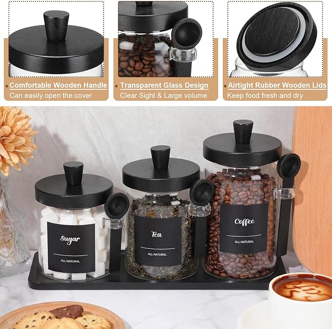 Suclain 3 Pcs Glass Coffee Container with Wooden Lid Spoon Shelf Labels Clear Airtight Jar Food Storage Canister Set for Sugar Spice Coffee Bean Holder Housewarming Gift(20 oz,Black Bamboo)