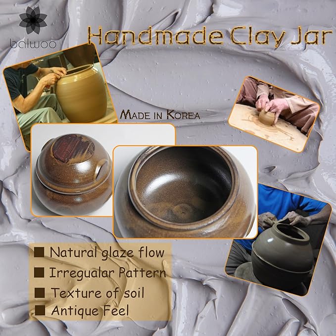 Earthenware Onggi Korean Traditional Clay Jar Ceramic Canister/Handmade Food Sauce Storage Container for Tea, Coffee Bean, Salt/Breathing Clay Pot Kimchi Fermentation Crock (No.6(H17cm))