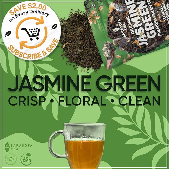Organic Jasmine Green Loose Leaf Tea | Fragrant Chinese Green Tea Scented with Jasmine Blossoms | USDA Organic | 1lb Bulk Bag | Floral & Smooth | Hot or Iced | Non-GMO