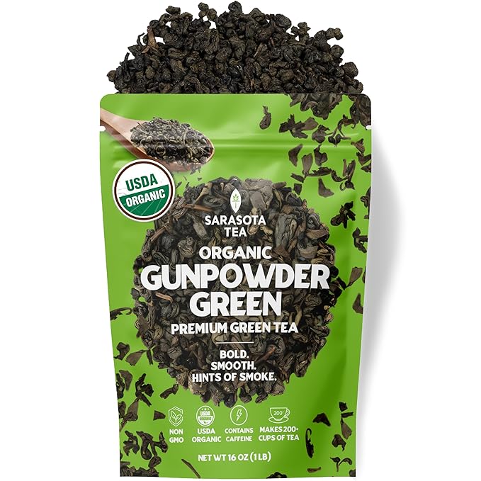 Organic Gunpowder Green Tea Loose Leaf, 1 lb Bulk Bag, USDA Organic Chinese Green Tea, Bold Earthy Flavor, Non-GMO