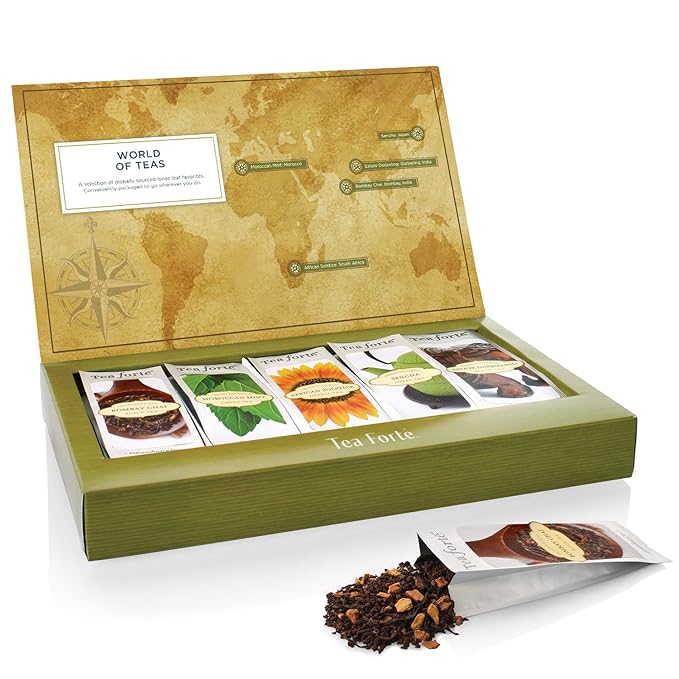 Tea Forte Single Steeps Loose Leaf Tea Sampler, Assorted Variety Tea Box, 15 Single Serve Pouches, Gifts for Mom, World of Teas Tea