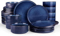 Famiware Star 24-Piece Plates and Bowls Set with Trim, Service for 8 - Stoneware Reactive Glaze Dinnerware, High Edge Ribbed Dishes, Chip & Scratch Resistant, Microwave & Dishwasher Safe, Nebulas Blue