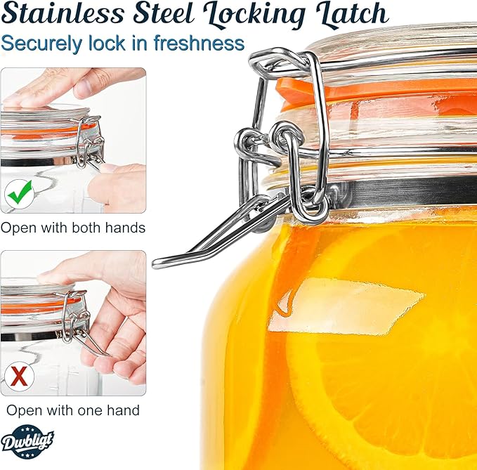 2 Packs 1 Gallon Glass Jars with Airtight Lids, Wide Mouth Mason Jars with Clip Top & Stainless Steel Handle & Silicone Base, Glass Storage Containers for Kitchen Storage, Pickling-Dual Scale