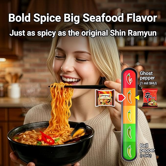 Nongshim Champong Ramyun Noodles, Smoky & Spicy Seafood Flavored Korean Instant Ramyun, Bold & Savory Noodles Soup, Korean Pantry Essential, 4.58 oz (Pack of 4)