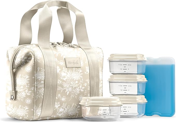Fit & Fresh Remi Lunch Bag for Women Work – Neoprene Lunch Tote with Containers & Ice Pack, Reusable Meal Prep Lunch Box, Large Capacity, Machine Washable, Tan Toile