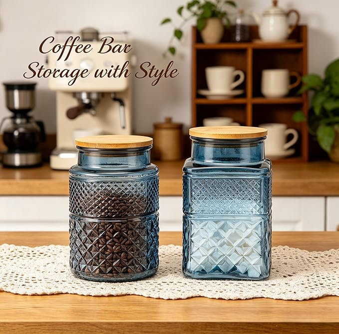 Large Glass Storage Jar Set of 2, 60 FL OZ Glass Food Storage Containers with Bamboo Lid Kitchen Canisters Decorative Jar for Cereal Egg Flour Candy Snack Cookies Coffee Tea Nuts Airtight Jars