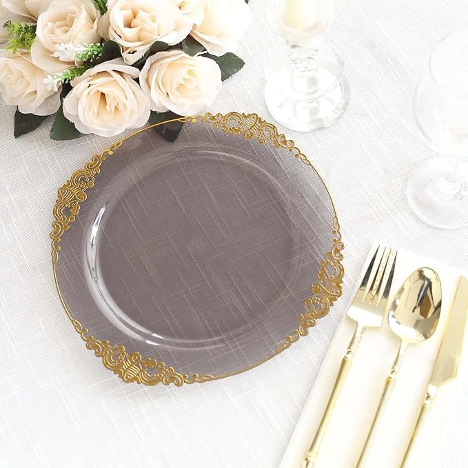Efavormart 10 Pack | 10" Translucent Black and Gold Baroque Dinner Plates, Leaf Embossed Metallic Rim Heavy Duty Serving Plates for Modern Industrial Galas