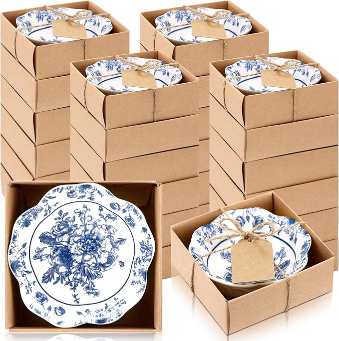 SiliFine 24 Pcs Wedding Favors for Guests Small Ceramic Bowl Bulk Gifts Set 3.3 Inch Floral Design Mini Dipping Sauce Dish with Card Box for Bridal Pooja Baby Shower Birthday (Flower,Blue)