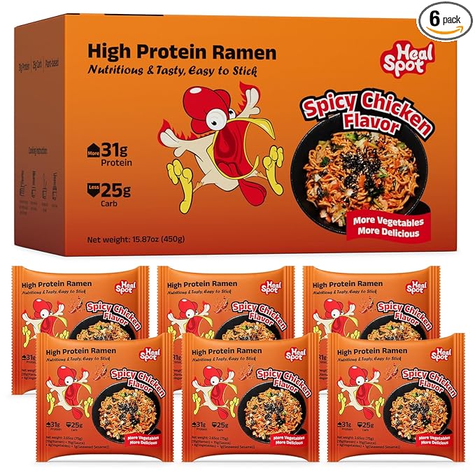HealSpot High Protein Spicy Fire Chicken Noodles, Dry Tossed Ramen, 31g Plant-Based Protein, Low Fat, Low Carb, Non GMO, Keto Friendly & Plant Based (6 packs) | 50% Protein, Keto Friendly, Vegen Friendly, Healthy Quick Meal