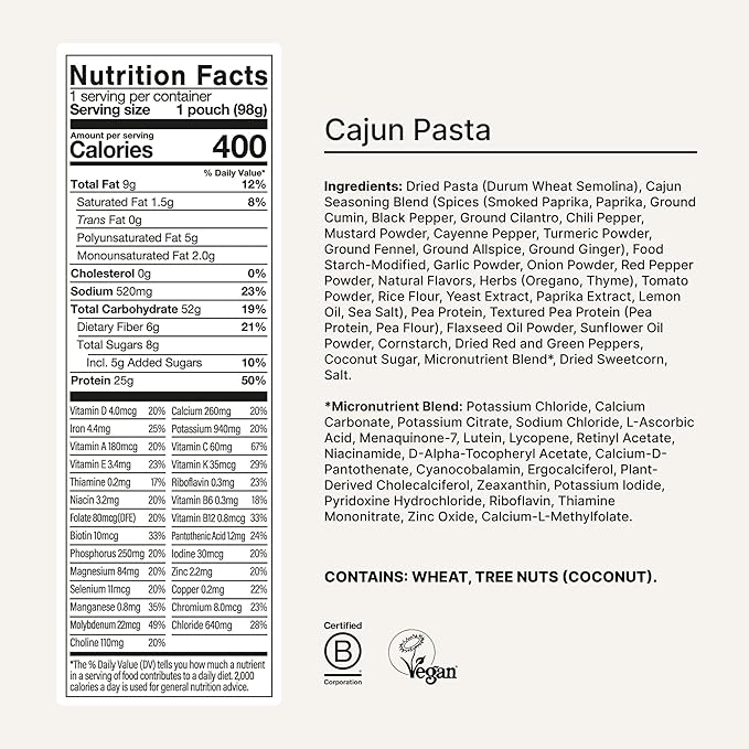 Huel Hot and Savory Meal Packs | Cajun Pasta | Up to 25g Protein Plant Based Instant Meal | 27 Vitamins and Minerals | 100% Nutritionally Complete | 7 Pack