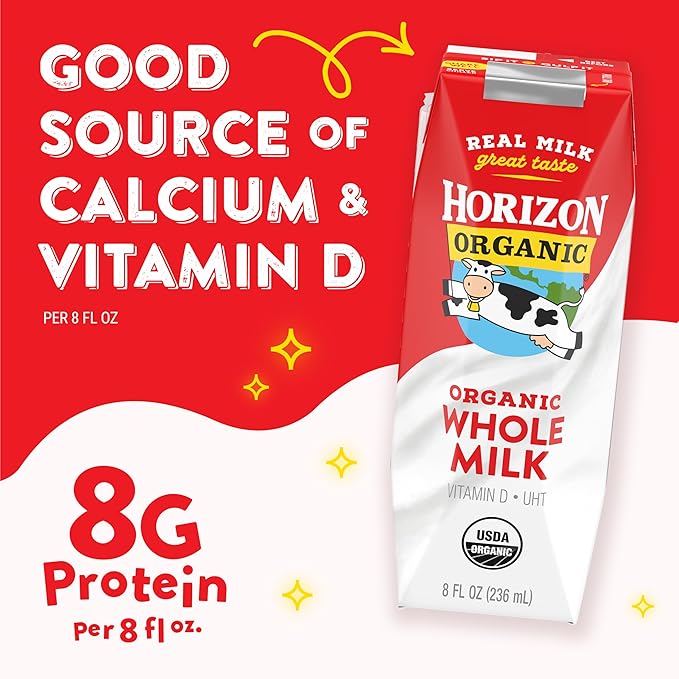 Horizon Organic Shelf Stable Whole Milk Boxes, Pack of 12 - 8g Protein per Serving