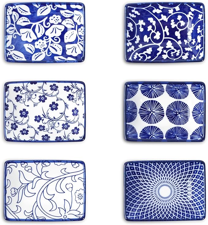 Selamica Ceramic Soy Sauce Dish, Rectangulal Side Dishes, 3.75 Inch Dipping Bowls for Sauce Ketchup Sushi Condiment Seasoning, Set of 6, Vintage Blue