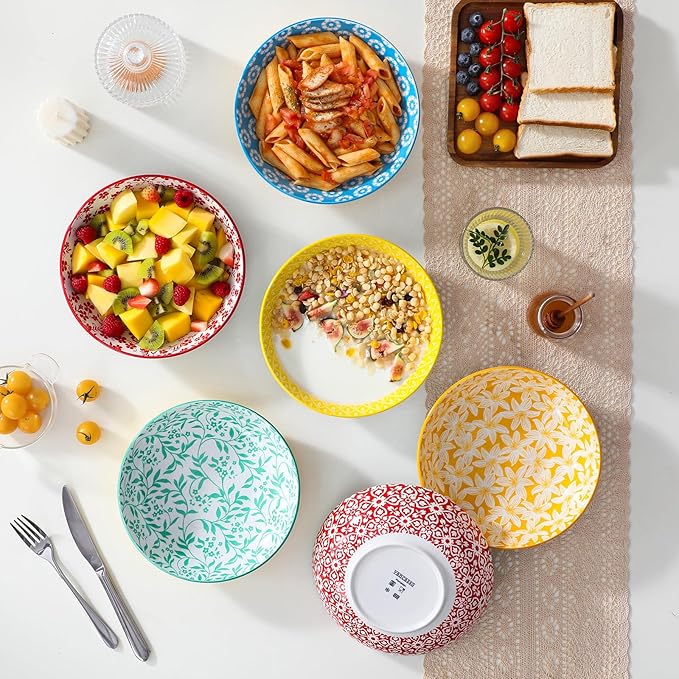 vancasso 8.5" Pasta Bowls Set of 6, 40 oz Porcelain Shallow Salad Bowls, Serving Bowls Large Kitchen Bowl Plates Pasta Dishes Plates, Colorful Floral Design, Microwave Safe, Series SELENE