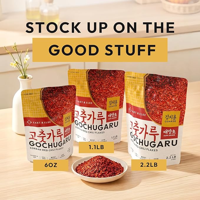 East and Else Gochugaru, Korean Red Chili Pepper Flakes, Coarse Grind for Kimchi, 6 OZ (170g) Resealable Bag, Premium 100% Sun-Dried Chili Powder for Stews, Chili Oil, and Asian Cooking