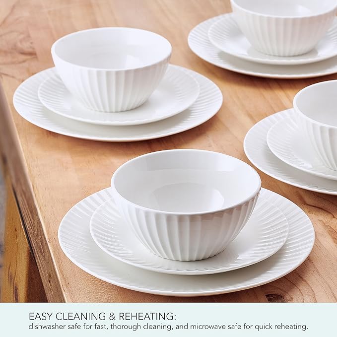 Pfaltzgraff Fluted Grace 24 Piece Porcelain Plate and Bowl Dinnerware Set, Service for 8, Fluted Design, Durable for Everyday Use, White