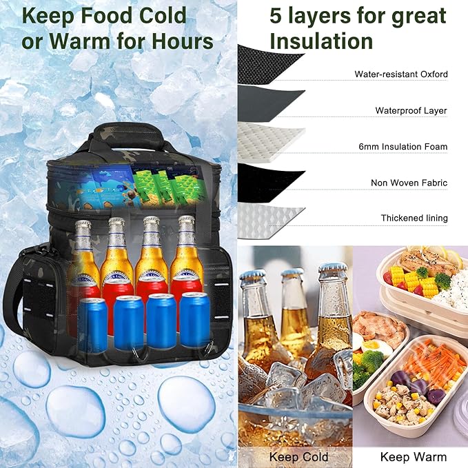 TENKIST Expandable Tactical Lunch Box, XLarge Insulated Lunch Cooler Bag Heavy Duty Leakproof Lunch Pail for Men Adults Work Office Outdoor Picnic Trips,25L,Black-Camo