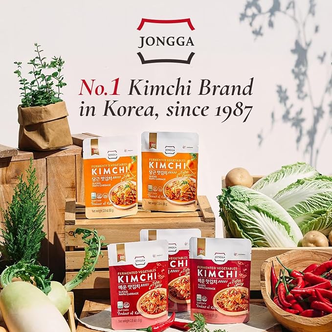 Spicy Premium Fermented Kimchi Napa Cabbage [ MINI Pouch Pack of 8] - [Extra Carrot (Mild)] – (Gluten Free / Vegan) | 0 Fat/ 0 Sugar/ 0 Cholesterol | Long Shelf Life | Perfect for Ramen & Stir-Fries - JONGGA