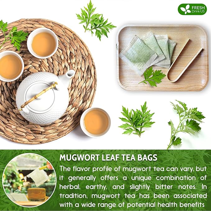 FRESHDRINKUS, Premium 120 Mugwort Leaf Tea Bags, 100% Natural and Pure Mugwort Leaves. No Sugar, No Caffeine, No Gluten, Vegan.