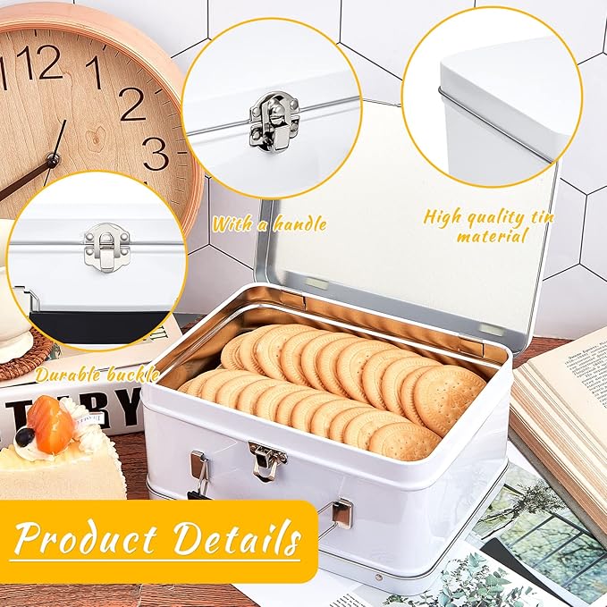Rtteri 6 Pack DIY Lunch Box Tin Retro Set 8 x 6 x 4 Inches with Hinged Lids DIY Large Box for Storage Blank Design Vintage Metal Lunchbox for Kids Sandwich Containers (White)