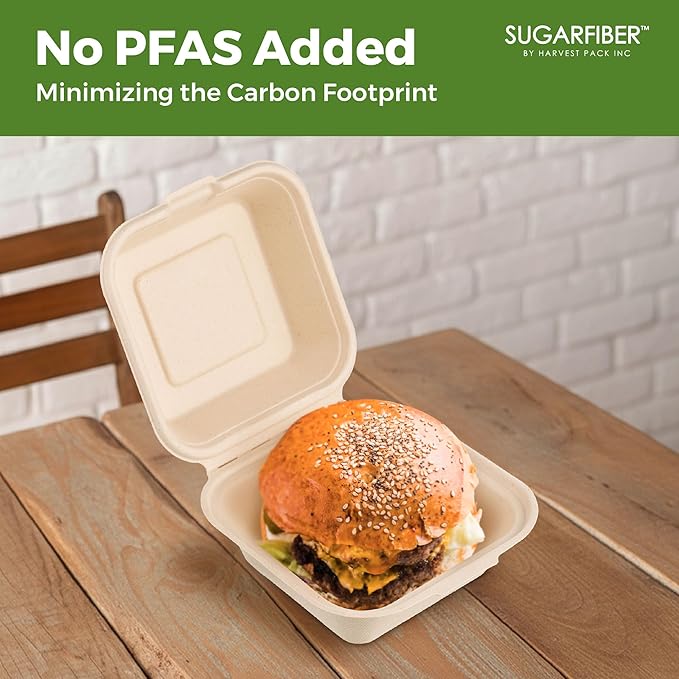 [50 COUNT]Harvest Pack 6 X 6" Compostable Clamshell Take Out Food Containers, PFAS FREE Square To go Containers with Lids, Heavy-Duty Disposable Bagasse Bento Cake Box, Eco-Friendly Sugarcane Fibers