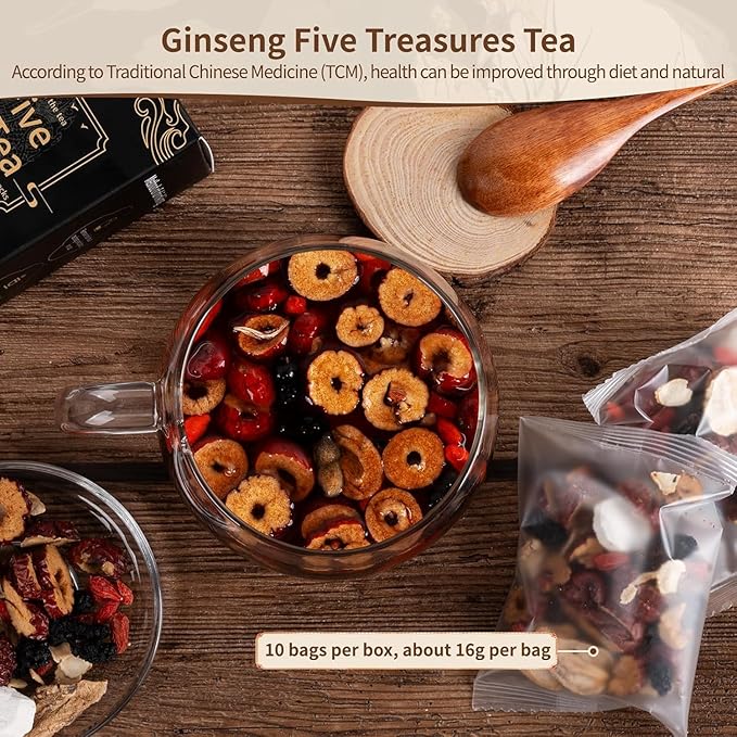 Ginseng Five Treasures Kidney Tea, Traditional Chinese Herbal TeaBags, Natural Kidney Cleanse Detox Tea for Women & Men, 7 Precious Ingredients Formula(1 Pack/25 Bags)