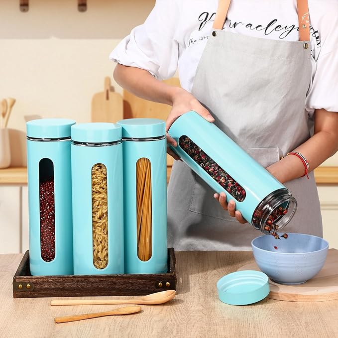 Patelai 6 Pack Kitchen Canisters Set Airtight Stainless Steel Canister Food Storage Container with Window Glass, Coffee Sugar Candy Jars Tea Organizer for Flour Cookies Spice(Turquoise,60 oz)