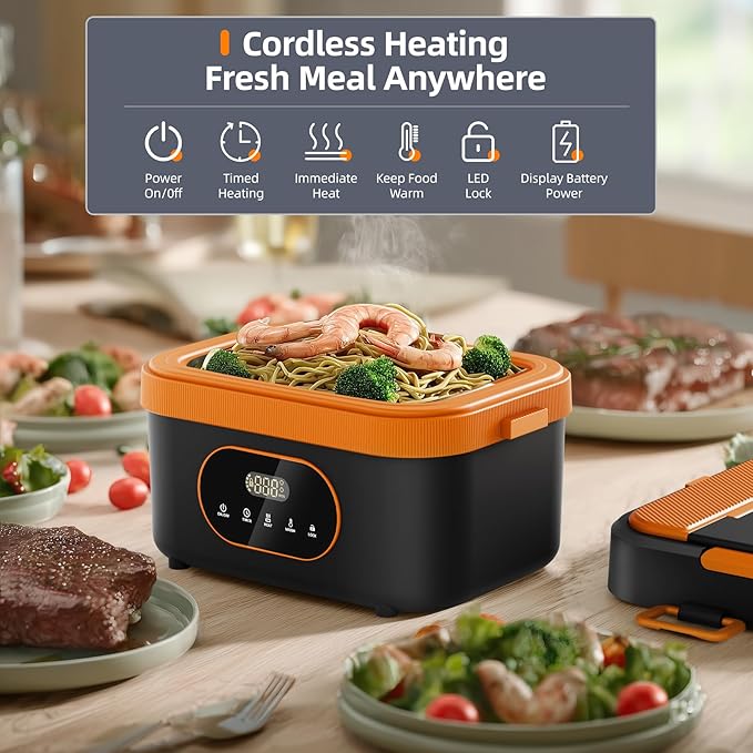 Heated Lunch Box, 16000mAh Cordless Electric, 1.5L Portable Self Heating Lunch Box for Adults, Rechargeable Food Warmer for Office, Picnic,Car Travel,Outdoor Use-Orange