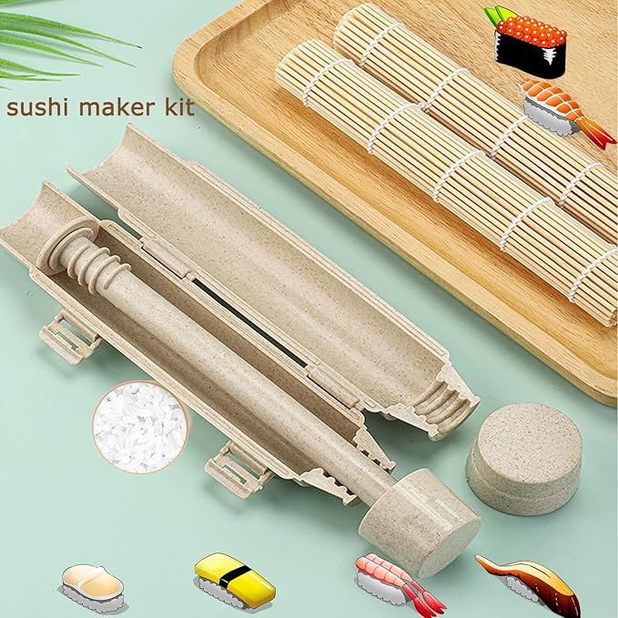 Sushi Making Kit with 2 Bamboo Rolling Mats & Sushi Bazooka, Better Than Single Mats or Molds, Food-Grade, Beginner Friendly Set for Perfect Homemade Maki Rolls
