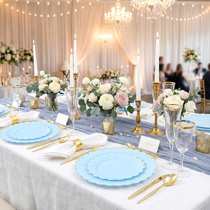LIYH 120 Pcs Baby Blue Plastic Plates with Gold Edge - Disposable Light Blue Scalloped Baby Shower Plastic Plates Includes 60 Dinner Plate 10.25" & 60 Dessert Plate 7.5" for Party Birthday