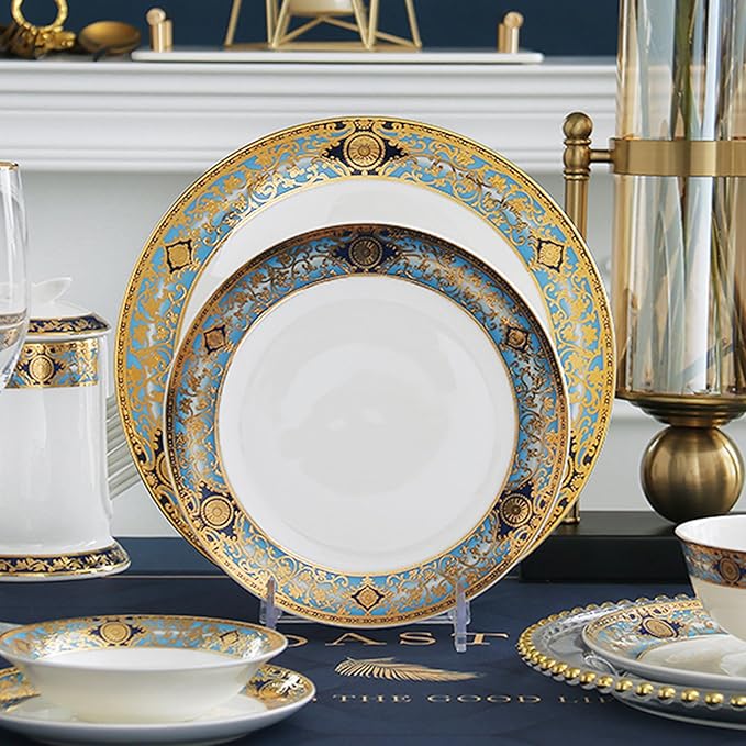 Bone China Dinnerware Set for 4, 8 Piece Tableware for Dining,Ornate Retro Pattern Plates for Fine Dining, Wedding Reception, Anniversary and Restaurant Use