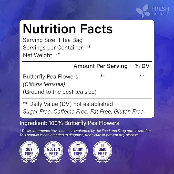 FreshDrinkUS, Premium 100 Blue Butterfly Pea Flowers Tea Bags, 100% Natural and Pure from Butterfly Pea Flowers, Made With Natural Material Tea Bag, No Sugar, No Caffeine, No Gluten, Vegan