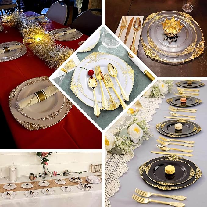 Efavormart 10 Pack | 10" Clear and Gold Baroque Dinner Plates, Leaf Embossed Metallic Rim Shatterproof Serving Plates for Modern Wedding Receptions