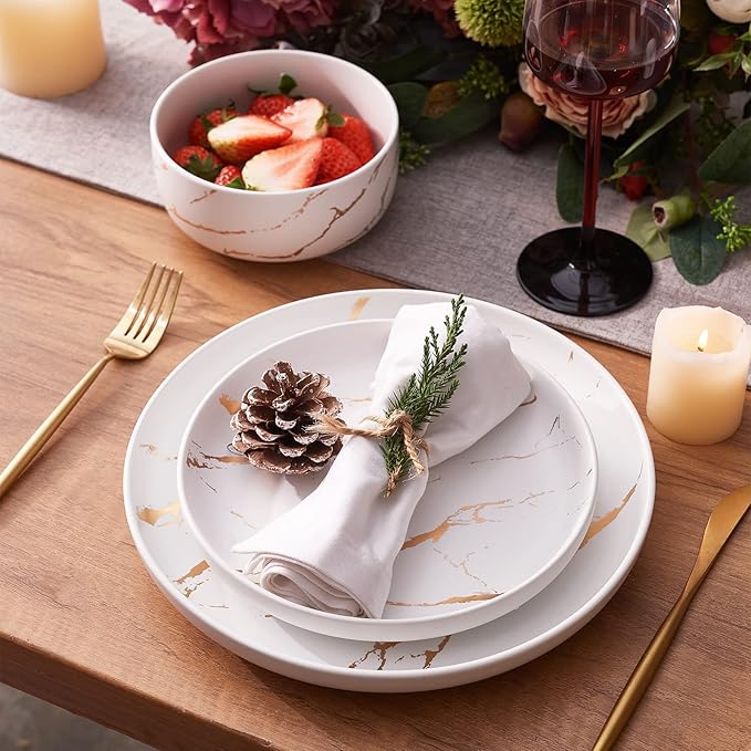 Pokini White Gold Splash Dinnerware Sets, 12 Pieces Fine China Marble Plates and Bowls Sets, Modern Porcelain Dish Set for 4, Luxury Dinner Set for Formal Dinners and Weddings
