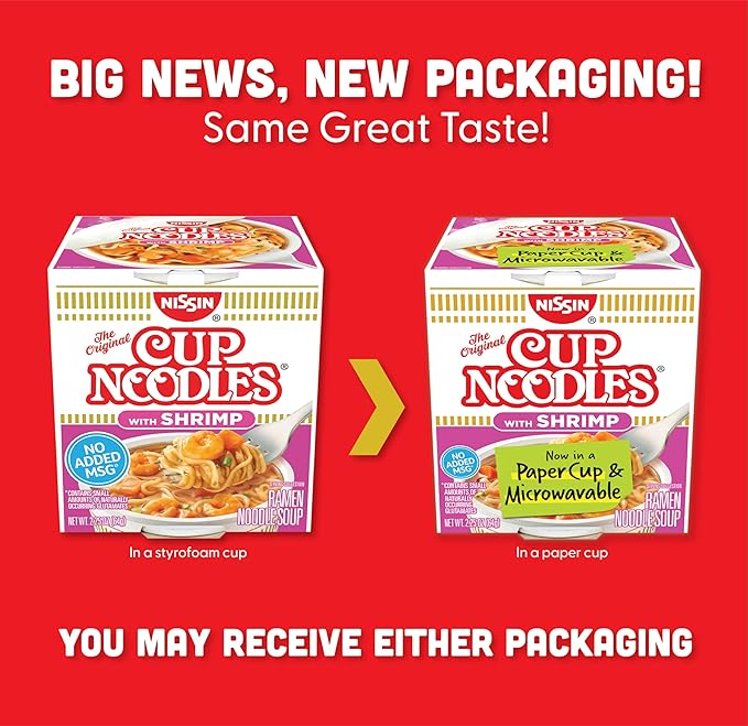Nissin Cup Noodles Soup, Shrimp Flavor, Microwaveable Paper Cups, Instant Ramen, 2.25 Ounce (Pack of 12)