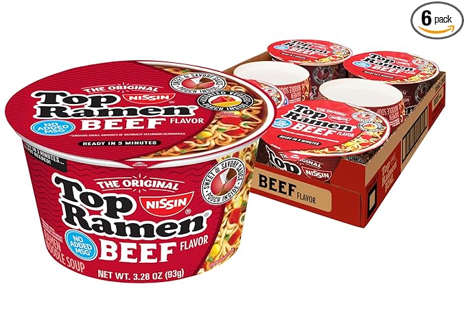 Nissin Top Ramen Bowl Ramen Noodle Soup, Beef, 3.28 Ounce (Pack of 6)