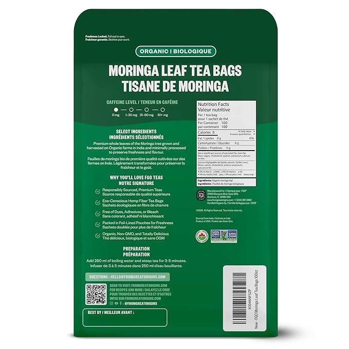 FGO Organic Moringa Tea, 100 Count, Eco-Conscious Tea Bags, Resealable Bag, Caffeine Free, Packaging May Vary (Pack of 1)