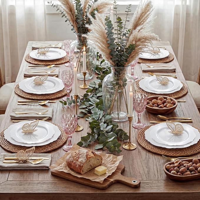 WDF 60pcs White Plastic Plates -10.25inch Baroque White Disposable Dinner Plates for Upscale Parties/Wedding