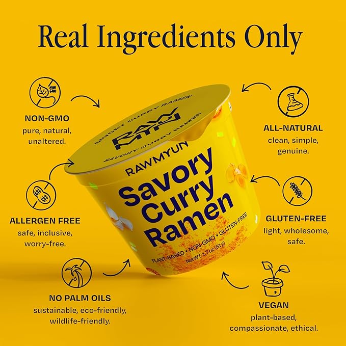 RAWMYUN Gluten Free Healthy Korean Ramen Vegan Superfood Clean Ingredients Plant-Based Cup Noodles made with Organic Rice Noodles Instant Soup | No MSG, Non-GMO, Real Ingredients (6 Savory Curry)