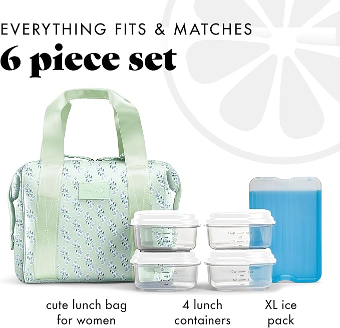 Fit & Fresh Remi Lunch Bag for Women Work – Neoprene Lunch Tote with Containers & Ice Pack, Reusable Meal Prep Lunch Box, Large Capacity, Machine Washable, Sage Flower
