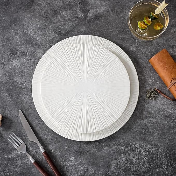 Round Flat Ceramic Serving Plate and Dinner Plate, 2 Pieces Set, 12" & 10" Plates, Elevate Dining Experience (White, Ray 12" & 10")