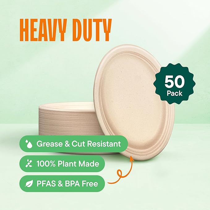 100% Compostable Oval Paper Plates [50-Pack] - {PFAS-Free} - {BPI Certified} - [10 Inch] Heavy Duty, Eco-Friendly, Biodegradable Bagasse Dinner Platters - Natural Brown 10" Oval Plates by Stack Man