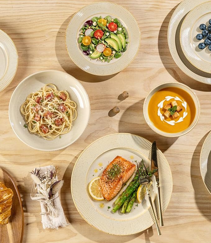 TheTerra Stoneware Dinnerware Sets for 6, 18 Pieces Ceramic Plates and Bowls Sets, Scratch Resistant Embossed Dish Set, Oven, Microwave & Dishwasher Safe, Cappuccino