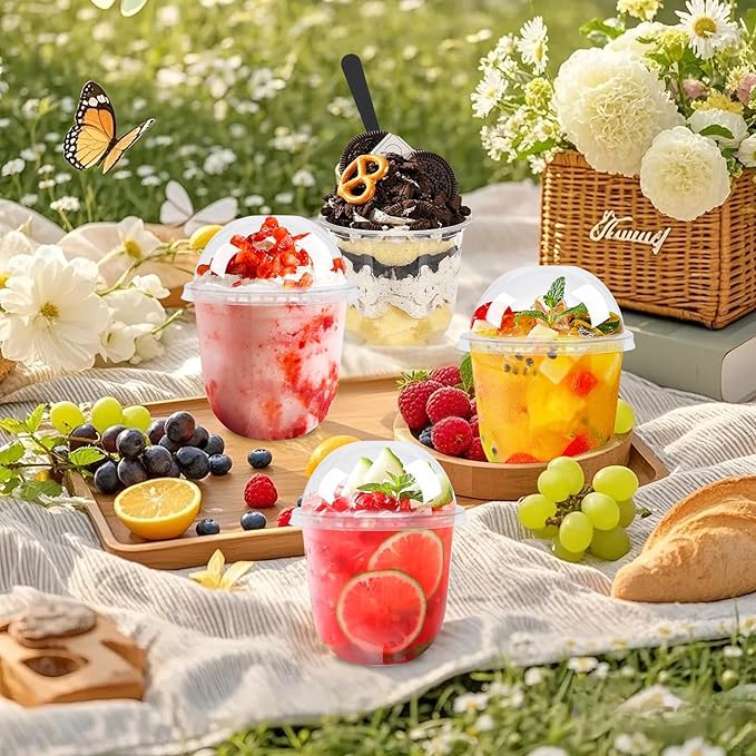 Kosotody 50 Pack 12oz Clear Plastic Parfait Cups with Dome Lids (No Hole) and Sporks Disposable Fruit Cups for Dessert,Yogurt,Pudding,Snacks,Fruits,Bakeries,Ice Cream
