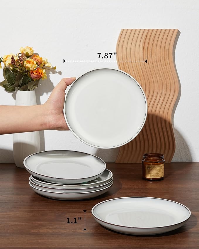 Pokini Salad Plates Set of 6, Microwave Safe Plates for Dessert, Appetizer, Scratch Resistant and Dishwasher Safe, Moonstone White