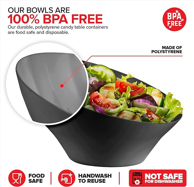 54oz Black Plastic Serving Bowls (4 Pack) Large Disposable Snack Bowl Candy Dishes, Buffet Containers, Chips, Popcorn, Snacks, Punch, Salad Bar, Parties, Office Desk, Bridal Shower, Party Supplies