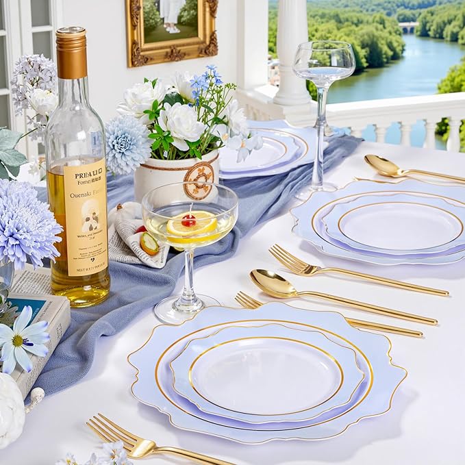 WDF 100PCS Blue Plastic Plates - Light Blue Plates Disposable - Heavy Duty Scalloped Plastic Plate for Parties/Wedding/Baby Shower (Pack of 2)