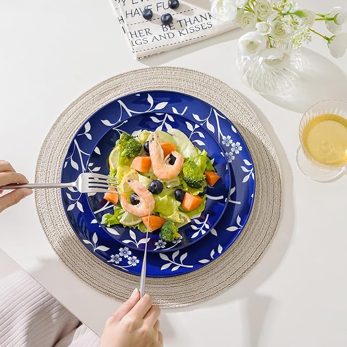 ZONEYILA Porcelain Dinner Plates, 10-Inch Ceramic Plates for Salad, Pancakes, Steak, Large Size Serving Plate for Parties, Restaurant - Dishwasher & Microwave Safe, Set of 6 (Vintage Blue)