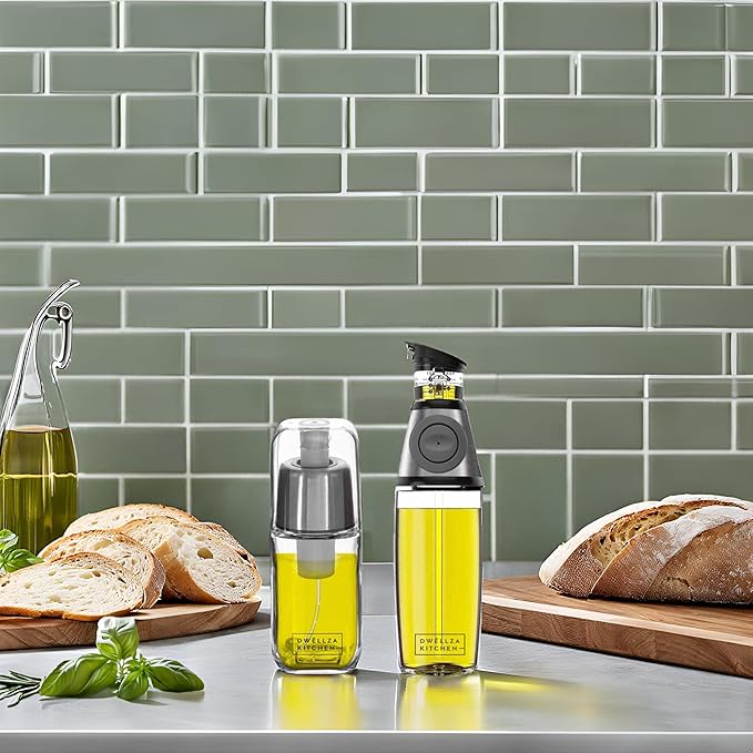 DWËLLZA KITCHEN Olive Oil Dispenser Bottle For Kitchen Set 6 oz Sprayer For Cooking and Glass 17 Oz. Cooking Pour Dispenser With Measurements for Cooking, Airfryer, Salad & BBQ