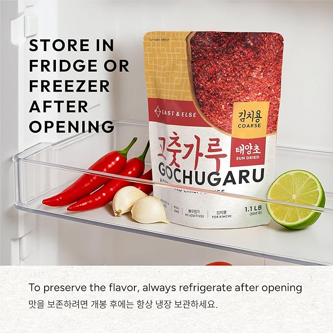East and Else Gochugaru, Korean Red Chili Pepper Flakes, Coarse Grind for Kimchi, 1.1 LB (500g) Bulk Resealable Bag, Premium 100% Sun-Dried Chili Powder for Stews, Chili Oil, and Asian Cooking